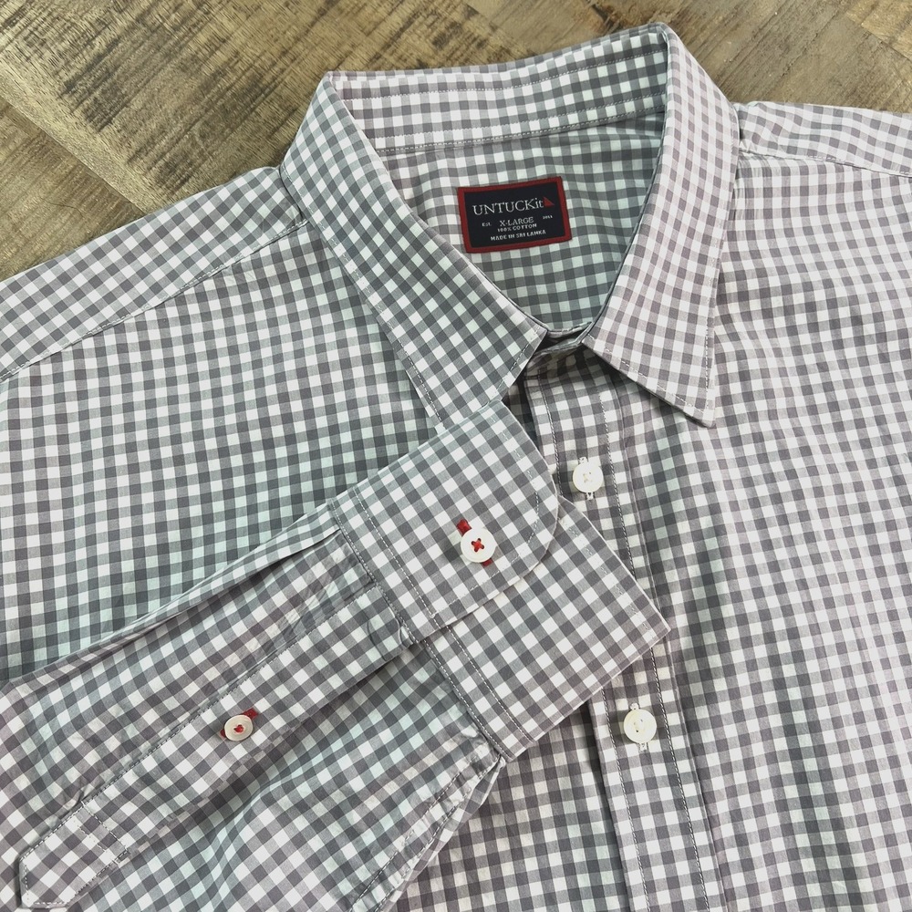 UNTUCKit Dress Shirt Mens Size XL Gray White Check Plaid Long Sleeve Button Down